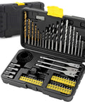 Hi-Spec drill bit set front view in hard plastic case with metal, masonry, brad-point bits and hole saws.