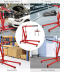 Heavy Duty Two Ton Folding Engine Hoist With Six Swivel Caster Wheels And Precision Leveler in various settings including auto shops and warehouses.