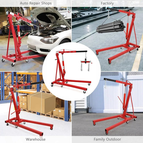 Heavy Duty Engine Hoist Crane 2 Ton Folding Lift With Six Swivel Casters And Auto Leveler Hydraulic Shop Crane Garage Rig 4409 Lbs Max in various settings including workshop and warehouse.