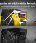 Close-up of 45 Foot Retractable 12 Gauge Extension Cord Reel with upgraded wire roller guide technology showing even retraction.