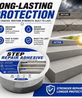 Heavy Duty Concrete Crack Filler And Cement Repair Paste for driveway steps with adhesive container and before-after steps.