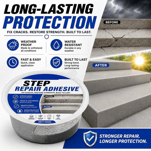 Heavy Duty Concrete Crack Filler And Cement Repair Paste for driveway steps with adhesive container and before-after steps.
