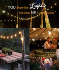 Multiple scenes of 100 Ft Outdoor Globe String Lights With 110 G40 Bulbs, Weatherproof Lit Patio Party Lights For Tents Gazebos Porches Decks Backyards Dimmable Black Wire For Year Round Use.