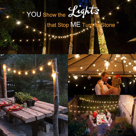 Multiple scenes of 100 Ft Outdoor Globe String Lights With 110 G40 Bulbs, Weatherproof Lit Patio Party Lights For Tents Gazebos Porches Decks Backyards Dimmable Black Wire For Year Round Use.