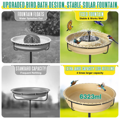 Extra Large Solar Powered Bird Bath With Fountain Kit For Your Backyard 1.67 Gallon Capacity 5 Prong Stake Design Hummingbird Drinking Bowl Solar Pump Set Four Water Patterns To Attract Birds