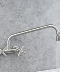 Wall Mount Commercial Kitchen Faucet 4 Inch Center, Stainless Steel Brushed Nickel, Two-Handle Utility Sink Bar Faucet With 11 Inch Spout And Aerator, SUS304 High Quality Finish.