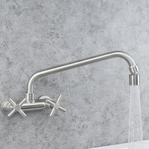 Wall Mount Commercial Kitchen Faucet 4 Inch Center, Stainless Steel Brushed Nickel, Two-Handle Utility Sink Bar Faucet With 11 Inch Spout And Aerator, SUS304 High Quality Finish.