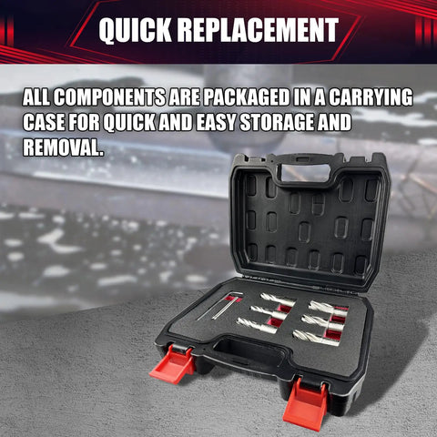Heavy Duty Annular Cutter Kit With Magnetic Drill Press Bits And Three Quarter Inch Weldon Shank For smooth knockout drilling in storage case with drill bits and hex key.