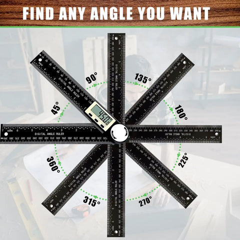 Super Solid Two In One Digital Angle Finder Protractor And Miter Saw Gauge showing angles from 0 to 360 degrees for carpentry cuts.
