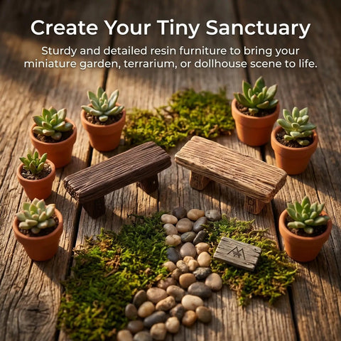 4 Pack Miniature Resin Park Benches for Fairy Gardens and Dollhouses, Wood Look Seats surrounded by small potted plants