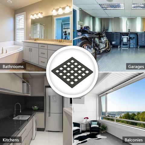 Four image collage showing a Three And Three Quarters Inch Square Shower Drain Grate Matte Black Stainless Steel for various rooms.