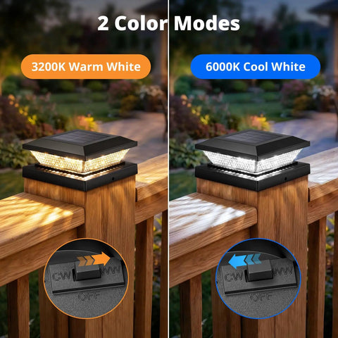 Slick 16 Pack Black Solar Post Cap Lights For 4X4 Wooden Or Vinyl Fences Waterproof dual color modes on a wooden railing.