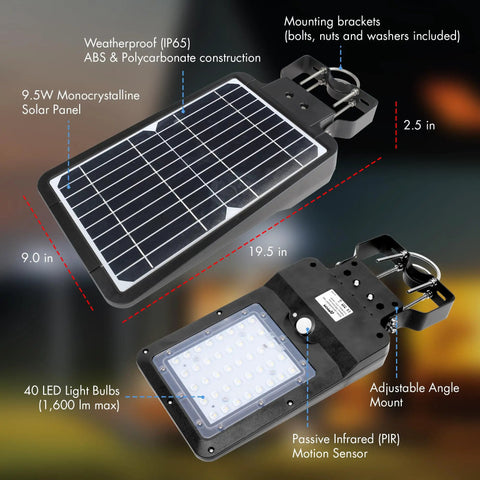 Ridiculously Bright 1600 Lumen Solar Street Light With Motion Sensor Waterproof Dusk To Dawn LED Flood Lamp showing solar panel and LED bulbs