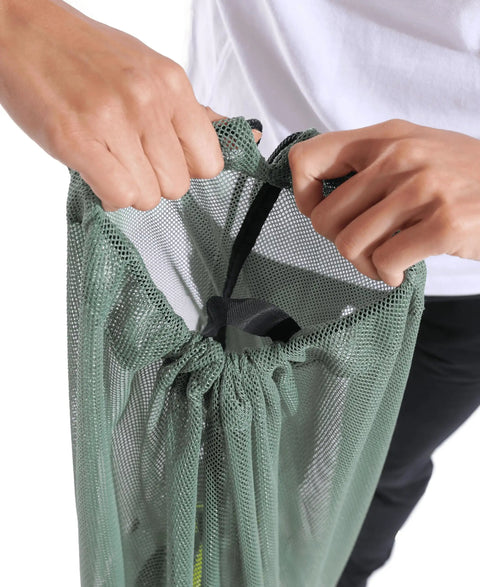 Hands closing Mesh Pool Gear Sack For Swim Team Practice Quick Dry Tote Bag With Drawstring Closure Durable Polyester Swim Equipment Bag For Wet Gear Large 40 Liters Capacity Sage Green
