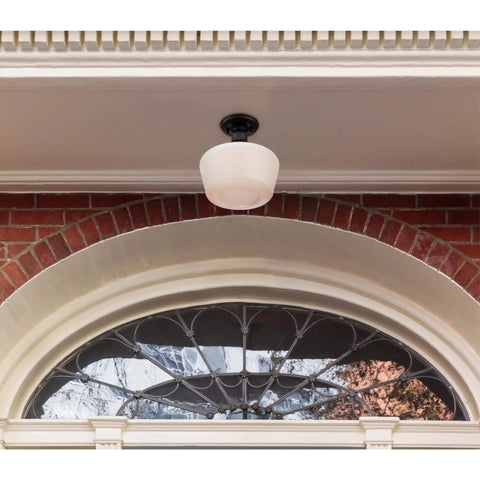 Vintage Style Outdoor Ceiling Light One Light Semi Flush Mount In Textured Black With White Opal Glass For Front Porch And Balcony