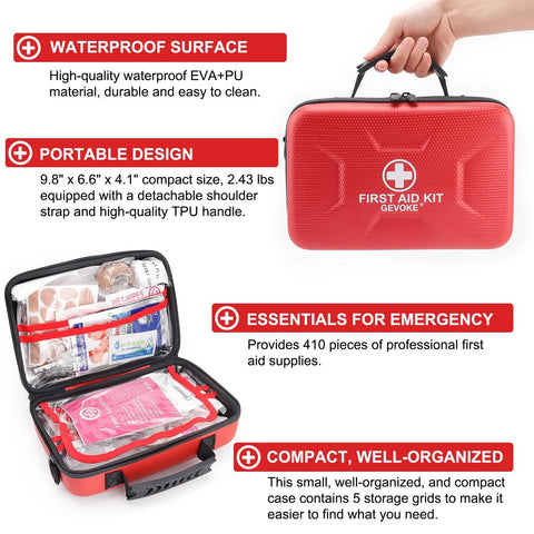 Gevoke red waterproof hard-shell first aid kit with handle, 410-piece contents