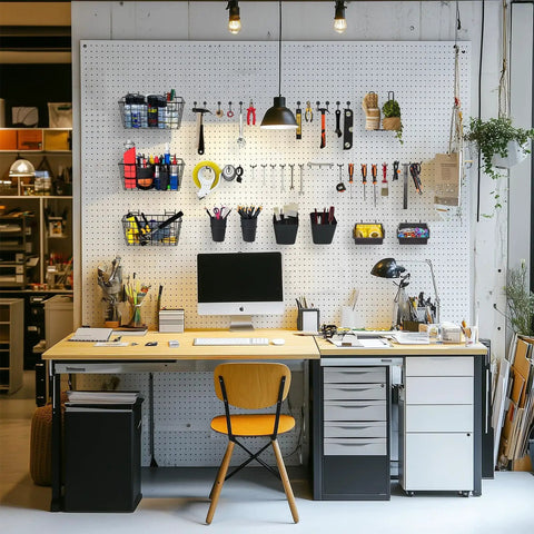 Pegboard Organizer Set 42 Piece Kit With Large Baskets Bins Cups Hooks And Book Holder For Wall Storage in garage office