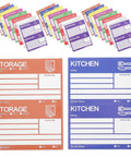 Color Coded Moving Box Labels 160 Pack With Writable Notes Area 6x4 Inches showing kitchen and storage labels.