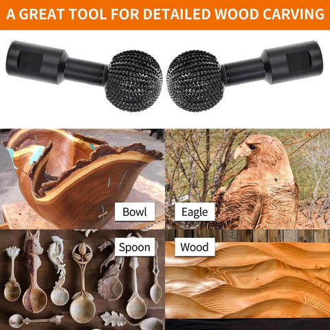 Top Shelf Ball Gouge Attachment For Angle Grinder With 5/8 11 Thread Shank For Wood Carving Shaping Contouring Easy Bolt On shown with wood carvings.