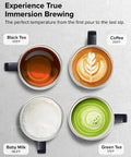 Four beverages in stainless steel mugs showcasing temperature control: coffee, black tea, green tea, and baby milk.