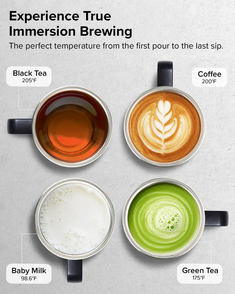 Four beverages in stainless steel mugs showcasing temperature control: coffee, black tea, green tea, and baby milk.