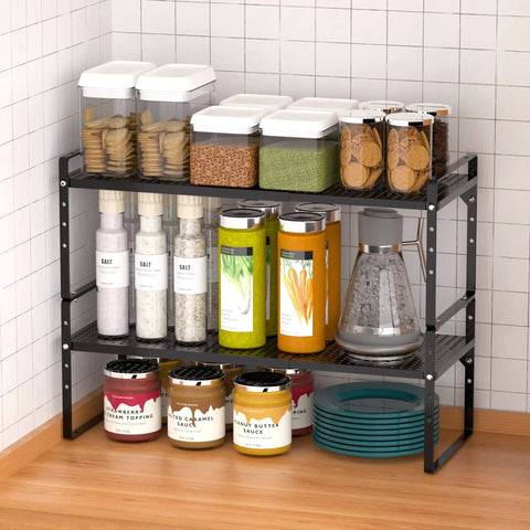 Expandable Cabinet Storage Shelf Organizer Rack Built Tough And A Real Workhorse Heavy Duty Steel Stackable For Kitchen Pantry Garage Spice Rack, Adjustable Height, Fits Counters Desks And Cabinets, Black 1 Pack holding jars and containers