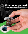 Hand holding Ultra Drain Protector For Bathroom Sink Stainless Steel Includes 1.25in, 1.5in, And 1in Adapters Keeps Hair Out