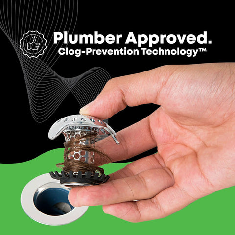 Hand holding Ultra Drain Protector For Bathroom Sink Stainless Steel Includes 1.25in, 1.5in, And 1in Adapters Keeps Hair Out