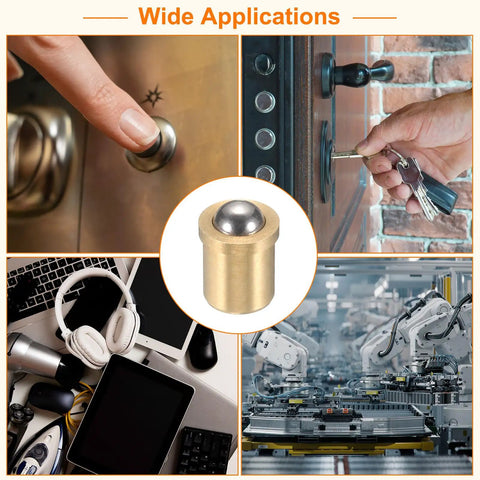 20 Pcs 304 Stainless Steel Ball Plungers Featuring Slick Spring Loaded Push Fit Latch, 3mm Ball Head And Compact 4X6mm Base shown in various applications like machinery.