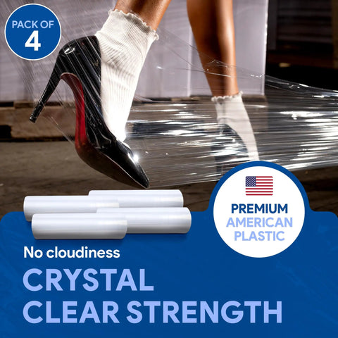 Four Pack 18 Inch Heavy Duty Stretch Wrap For Moving Day 1200 Feet Per Roll Clear Self Adhesive Packing Film with shoe.