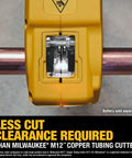 Close-up of 20V Max XR Copper Tubing Cutter for 1/4 inch to 1-1/4 inch tubing K L M hard and soft, showing blade on copper pipe.