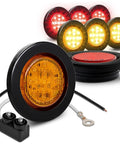 8pc 2.5 Inch Round LED Side Marker Light Kit 12V Amber And Red Waterproof IP67, showing amber and red lights with wiring and plugs