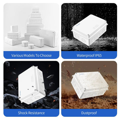 Various waterproof electrical junction boxes: IP65, shock-resistant, dustproof ABS enclosure, with 10 reserved holes in white.