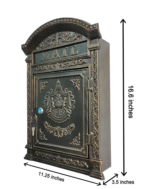 Outdoor Metal Wall Mounted Mailbox With Vintage Cast Iron Locking Look And Old School Charm featuring detailed engravings