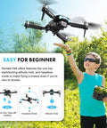 Child flying 1080P HD Dual Camera Drone With Obstacle Avoidance Foldable RC Quadcopter With Brushless Motors 50 Minute Flight Time Rotating Front Camera Up To 90 Degrees Beginner Friendly Gesture Photo FPV Transmission in a park setting.