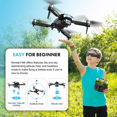 Child flying 1080P HD Dual Camera Drone With Obstacle Avoidance Foldable RC Quadcopter With Brushless Motors 50 Minute Flight Time Rotating Front Camera Up To 90 Degrees Beginner Friendly Gesture Photo FPV Transmission in a park setting.