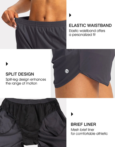 Womens Quick-Dry Running Shorts With Zipper Pockets And Built-In Liner, Run Ready, Lightweight Breathable Athletic Gym Short, size Medium in dark gray, featuring elastic waistband and split design.