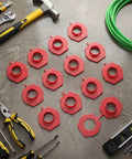 Red Plastic Wire Hole Protectors For 1 Inch Knockouts Snap In Grommets For Metal Studs Non Metallic Polypropylene Shield Cable Protection And Rim Guard To Prevent Wire Abrasion In Through Hole Installations; red snap-in grommets with tools and cable