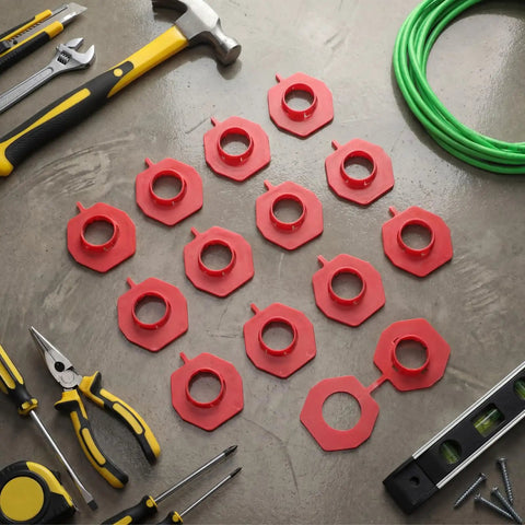 Red Plastic Wire Hole Protectors For 1 Inch Knockouts Snap In Grommets For Metal Studs Non Metallic Polypropylene Shield Cable Protection And Rim Guard To Prevent Wire Abrasion In Through Hole Installations; red snap-in grommets with tools and cable
