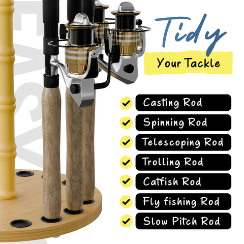 Round 16 Rod Storage Rack With Handcrafted Wood Post No Tool Assembly showing multiple rods in place