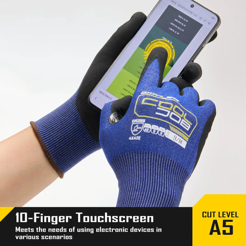 Heavy Duty A5 Cut Resistant Gloves with Nitrile Grip and Touchscreen Compatibility for glass handling and metal fabrication