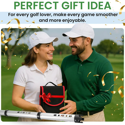 Smiling couple holding Telescopic Golf Ball Retriever Kit With Detachable 3 Piece Retriever Golf Ball Scooper Cleaner Stamp Bag And Holder For Practice And Easy Storage Top Notch Golf Accessories Gift Pack