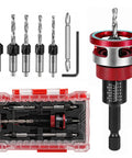 Top Shelf 7 Piece Countersink Drill Bit Set For Woodworking With Adjustable Depth Stop To Nail A Slick Flush Finish Every Time Includes Hex Key And Screwdriver Bit For Your Daily DIY Grind, featuring five carbide countersinks.