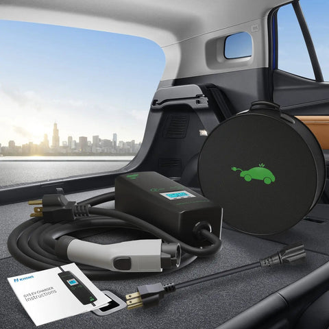 Portable Level 1 And 2 Ev Charger Cord 3.84Kw Fast Charge with 23ft heavy duty cable in car trunk with city view.