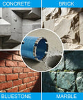 Diamond Core Drill Bit Kit 2-1/2 Inch, 10 Inch Drilling Depth, shown with concrete, brick, bluestone, marble surfaces