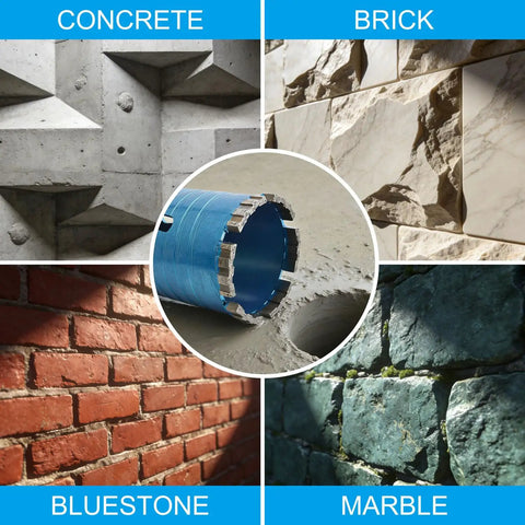 Diamond Core Drill Bit Kit 2-1/2 Inch, 10 Inch Drilling Depth, shown with concrete, brick, bluestone, marble surfaces