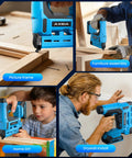 Pro Grade 18 Gauge Cordless Brad Nailer 21V With Twin 20Ah Lithium Batteries Rapid Charger shown in use for picture framing.
