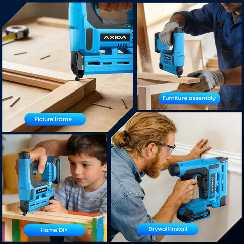 Pro Grade 18 Gauge Cordless Brad Nailer 21V With Twin 20Ah Lithium Batteries Rapid Charger shown in use for picture framing.