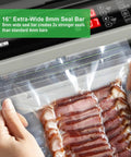 Pro Level 16 Inch Commercial Vacuum Sealer Machine Boasting Dual Pump Setup And Quick Auto Cool Down Rock Hard Design For Serious Meat Packing And Mylar Preservation Runs Smooth Every Time, displaying sealed bacon slices.