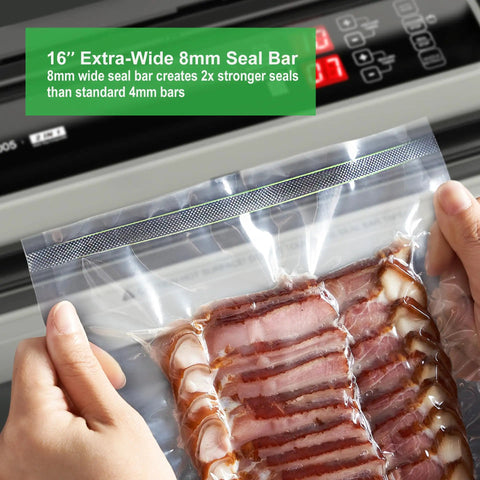Pro Level 16 Inch Commercial Vacuum Sealer Machine Boasting Dual Pump Setup And Quick Auto Cool Down Rock Hard Design For Serious Meat Packing And Mylar Preservation Runs Smooth Every Time, displaying sealed bacon slices.